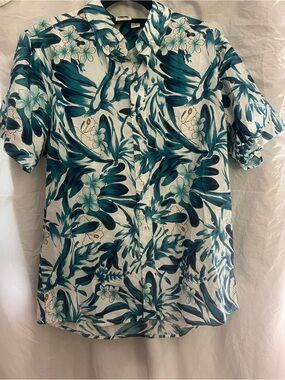 Kennington,LTD Men's Teal Floral Short-Sleeve Button-Up Shirt. Size L. GUC